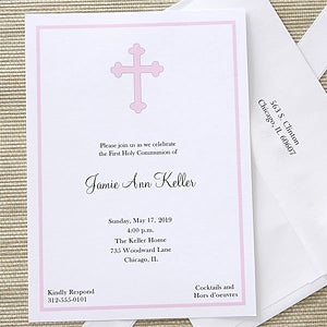 Girl's Holy Cross Custom Printed First Communion Invitations - Set of 5