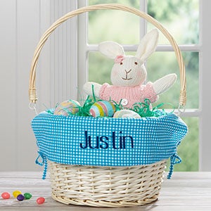 Teal Check Personalized Easter Basket With Drop Down Handle