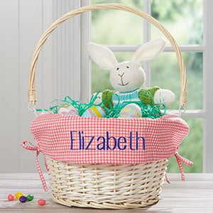 Pink Check Personalized Easter Basket With Drop Down Handle