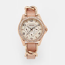  Engraved Fossil Womens Riley Rose Gold Leather Watch   - 47185