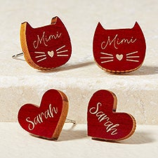 Cat  Heart Personalized Wood Stud Earrings - 49894