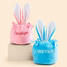 Mini Bunny Ears Embroidered Velvet Drawstring Easter Treat Bag - 49930