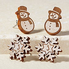 Snowman  Snowflake Personalized Wood Stud Earrings - 50723