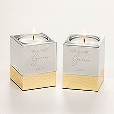 Elegant Couple Engraved Silver  Gold Hammered Metal Candle Holders - 52071