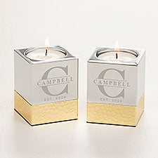 Lavish Last Name Engraved Silver  Gold Hammered Metal Candle Holders- Set of 2 - 52077