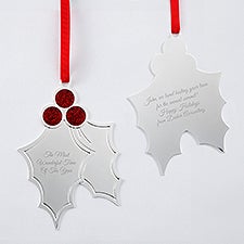 Engraved Logo Silver Sparkling Holly Ornament - 52684