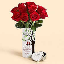 Love Birds Personalized Flower Vase with Red Roses  Jewelry Box Gift Set  - 53170