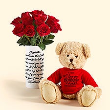 Handwritten Love Letter Personalized Vase with Red Roses  Teddy Bear - 53172