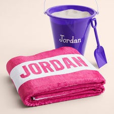 Personalized Purple Sand Pail  Beach Towel Gift Bundle - 54274