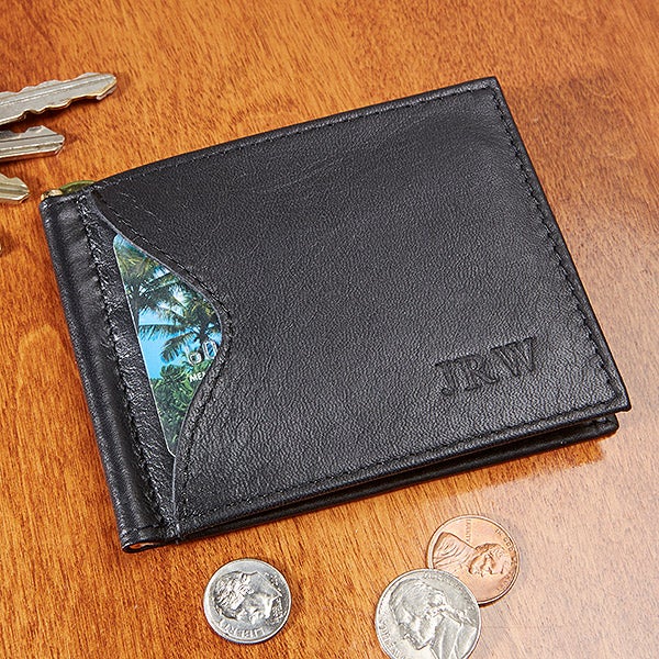 Monogrammed Engraved Leather Bifold Mens Travel Wallet Money Clip