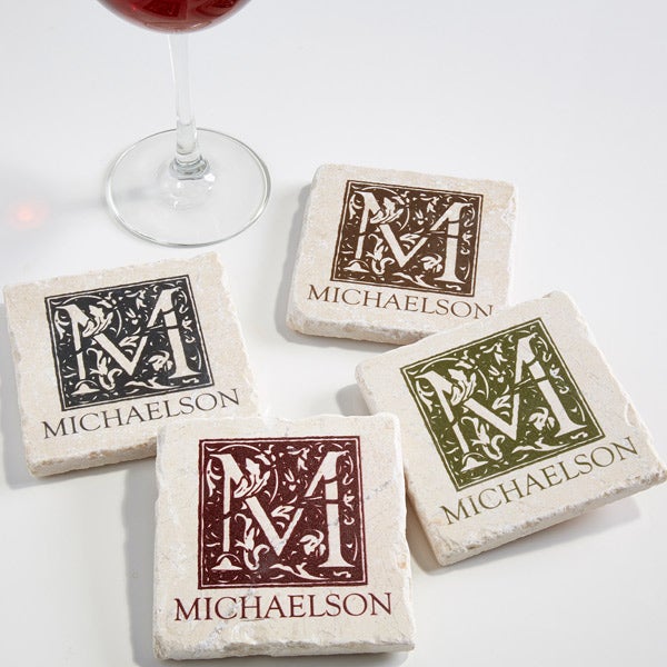 Personalized Tumbled Stone Drink Coasters - Floral Monogram - 13981
