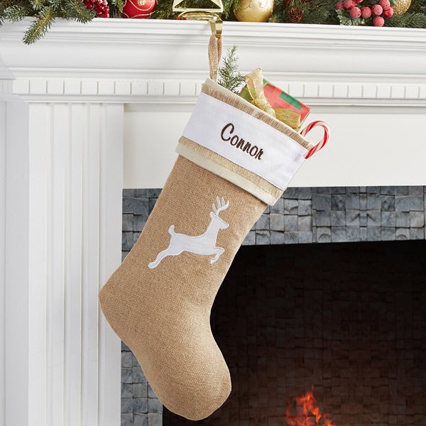 Personalized Burlap Christmas Stockings - Rustic Chic Burlap - Reindeer ...