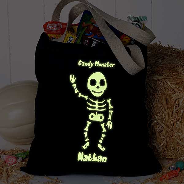 Skull Mask Personalized Glow In The Dark Halloween Tote Treat Bag Black