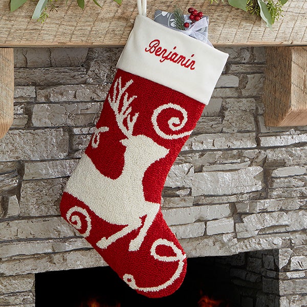 Personalized Hooked Crochet Christmas Stocking - Reindeer - Christmas Clearance