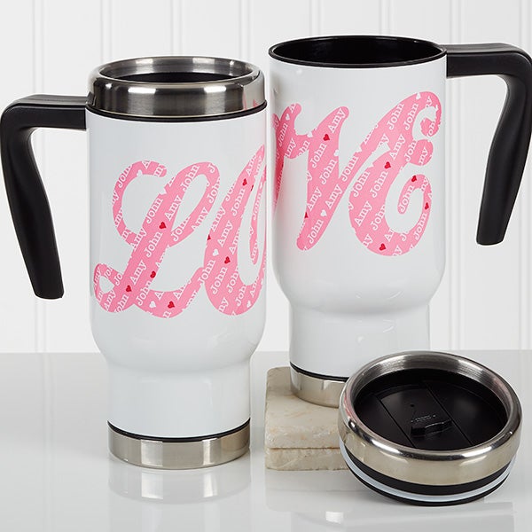 Personalized Romantic Commuter Travel Mug L O V E Sweethearts