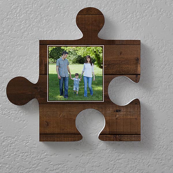 Personalized Photo Puzzle Piece Wall Decor  - Rustic Wood - 18369