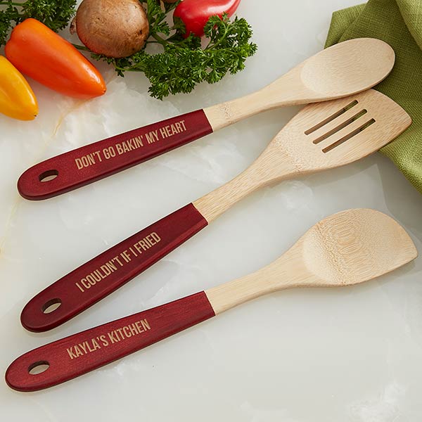 Personalized Red-Handled Bamboo Cooking Utensils - 18856