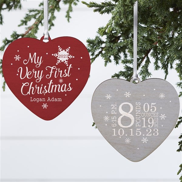 First Christmas Personalized Heart Baby Ornament - 2 Sided Wood