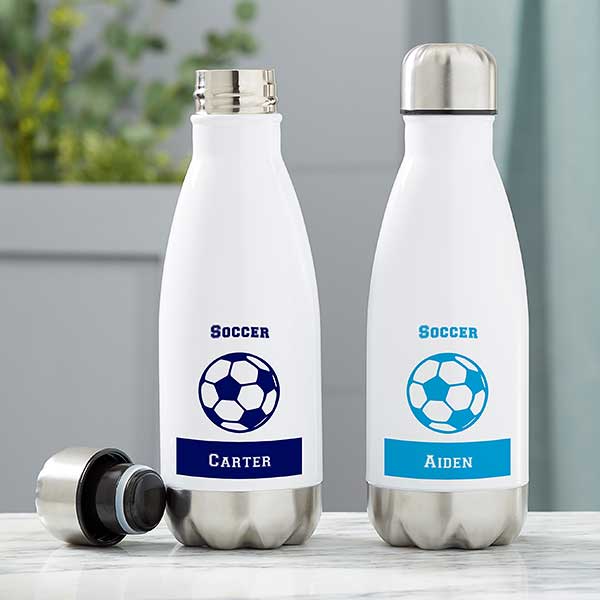 personalized insulated water bottles for kids personalized with soccer  balls pattern and the sayings Soccer Hero and Natalie