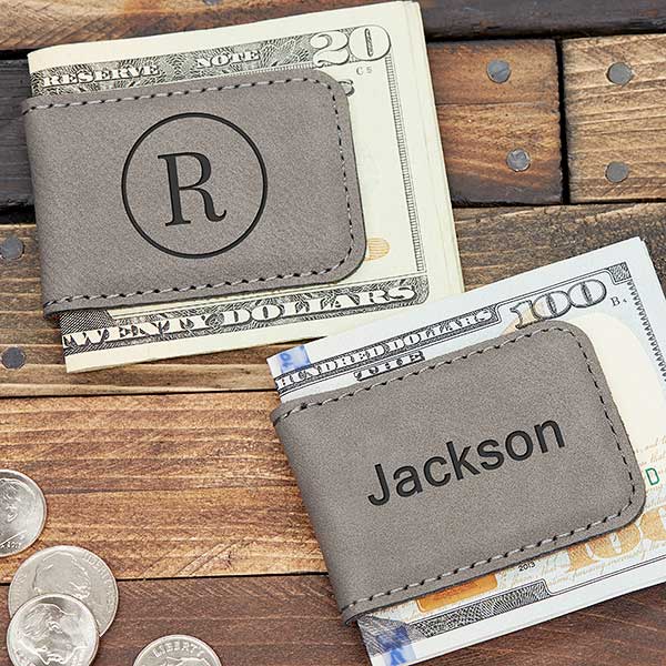 Grey Leatherette Magnetic Personalized Money Clip