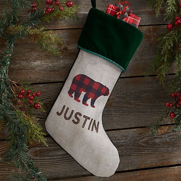 Cozy Cabin Buffalo Check Personalized Green Christmas Stockings