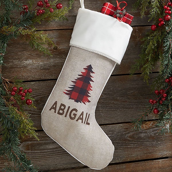 Cozy Cabin Buffalo Check Personalized Ivory Christmas Stockings