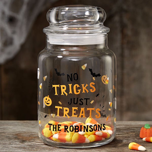 Personalized Halloween Treat Jar - No tricks, just treats - 22229