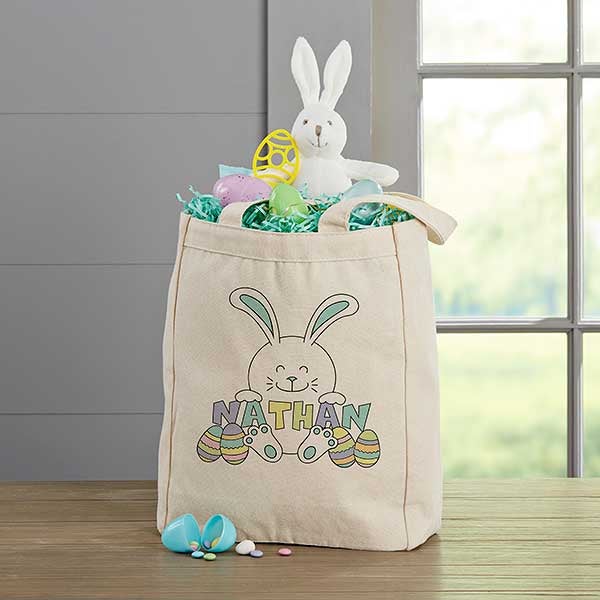 Pink Bunny Easter Basket Tote Bag - Personalized Canvas Tote Bag