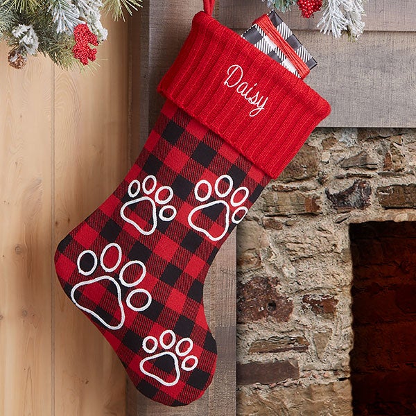 Buffalo Check Paw Prints Personalized Dog Christmas Stockings - 24603