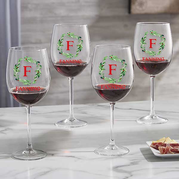 Holiday Wreath Monogram Christmas Red Wine Glass  Christmas wine glasses,  Birthday wine glass, Monogram wreath