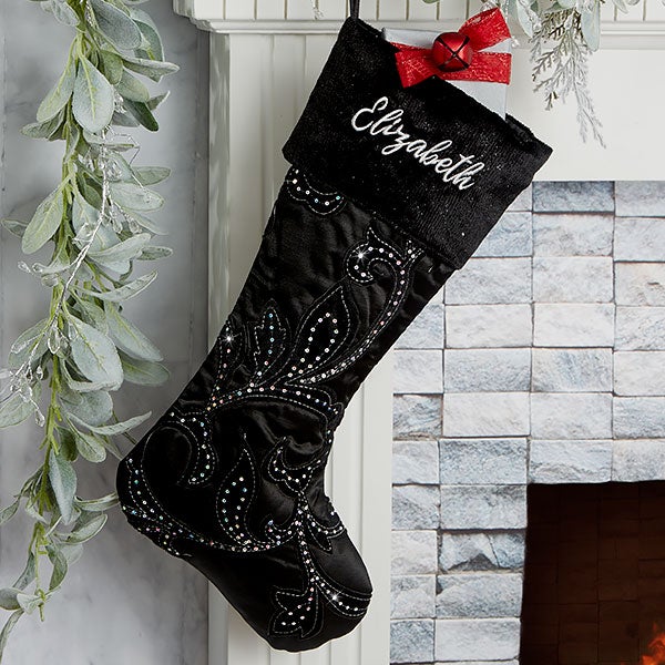 Damask Patterned Personalized Black Christmas Stocking - Christmas Clearance