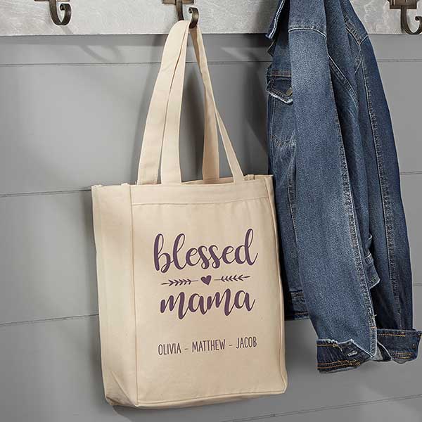 Blessed Mama Personalized Canvas Tote Bags - 25531