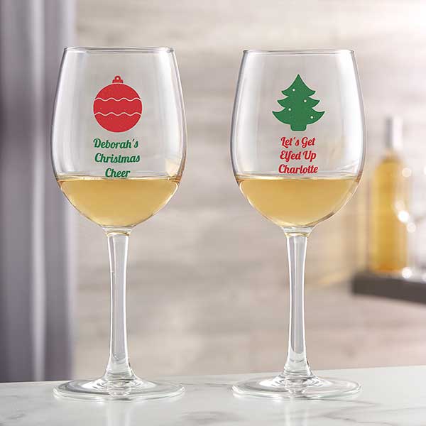Personalized Christmas Icon Wine Glasses - 25994