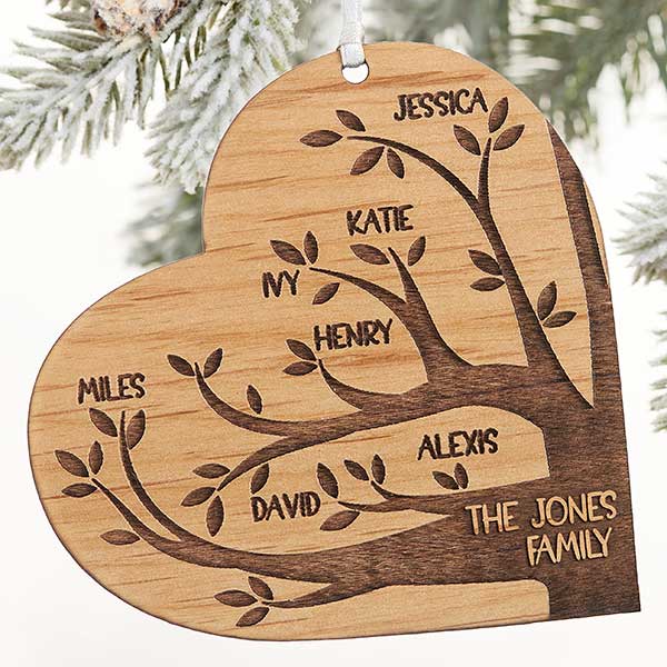 Family Tree Personalized Natural Wood Heart Ornament