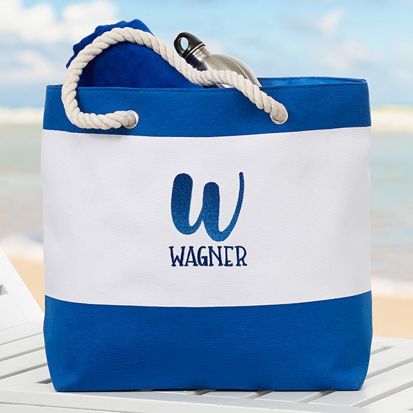 Canvas Beach Bag with Monogram Navy Monogram Type (All initials Will Be in caps):firs Middle Last