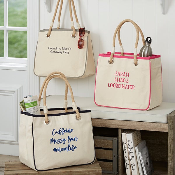 Write Your Own Embroidered Canvas Rope Tote - Grey