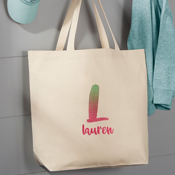 Ombre Initial Embroidered Canvas Tote Bag - 14x10