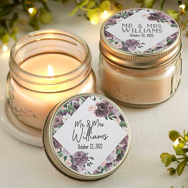 Plum Floral Personalized Mason Jar Candle Wedding Favors