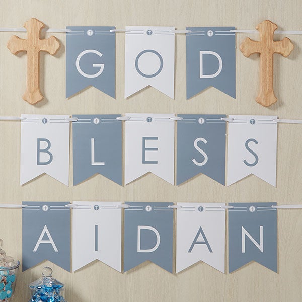 Modern Cross Boy Personalized First Communion Bunting Banner - 26759