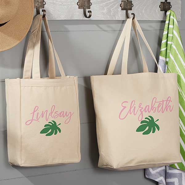 Palm Leaves Personalized Canvas Beach Tote Bag - 20x15