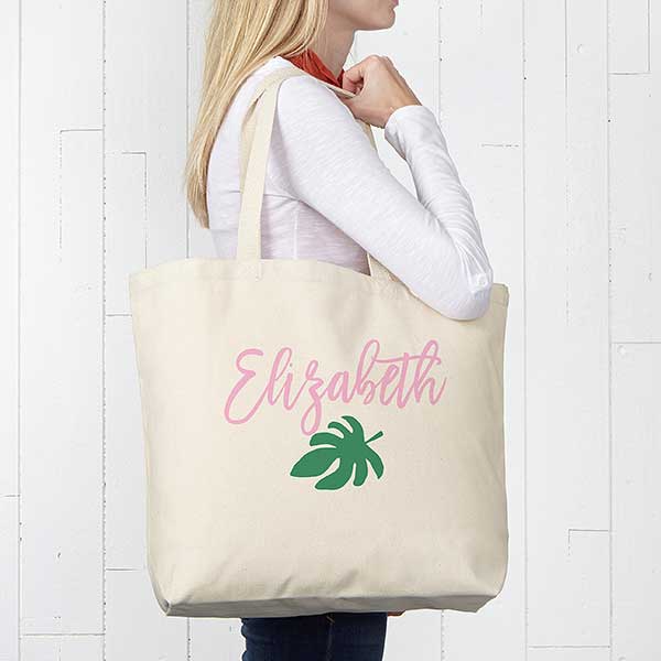 Palm Leaves Personalized Canvas Beach Tote Bag - 20x15