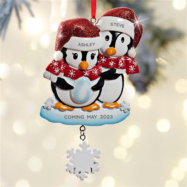 Personalized Penguin Couple with Blue Heart Christmas Ornament