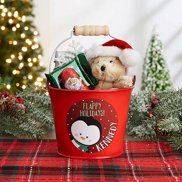Holly Jolly Characters Personalized Christmas Mini Treat Bucket - Red