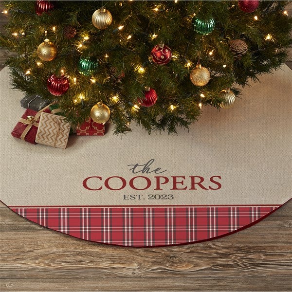 Grey Plaid Evergreen Personalized Stocking - Red Maple Wood Tag