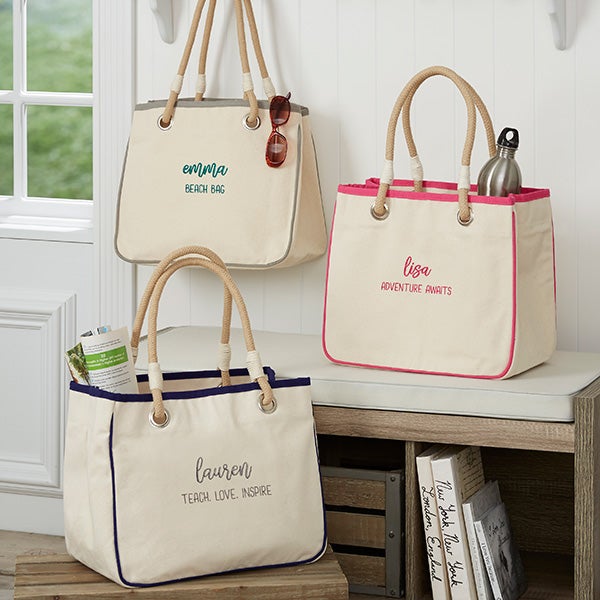 Scripty Style Embroidered Canvas Rope Tote - Grey