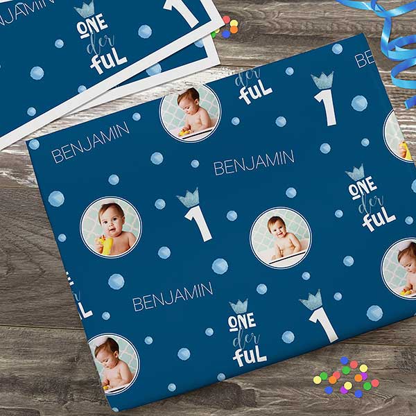 Onederful Boy First Birthday Personalized Photo Wrapping Paper - 28040