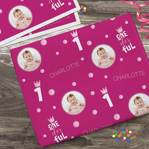 Onederful Girl First Birthday Personalized Photo Wrapping Paper - 28041