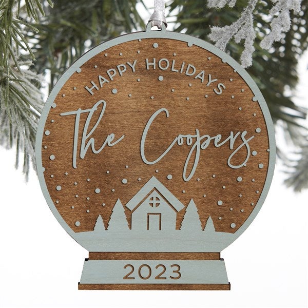 Family Snow Globe Personalized Blue Stain Wood Ornament