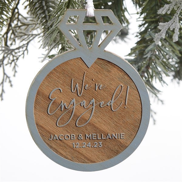 Engagement Ring Personalized Blue Stain Wood Ornament