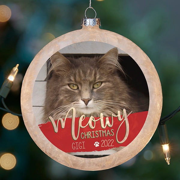 Merry Meowy Christmas Lightable Frosted Glass Cat Photo Ornament ...